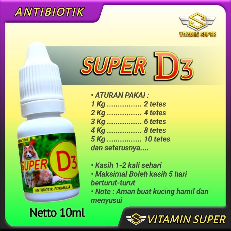 Obat Kucing Antibiotik Super D3 Antibiotik Penurun panas, Infeksi Saraf, Lumpuh, Demam, Infeksi Virus, Infeksi Bakteri, Lemes, dan Radang tenggorokan