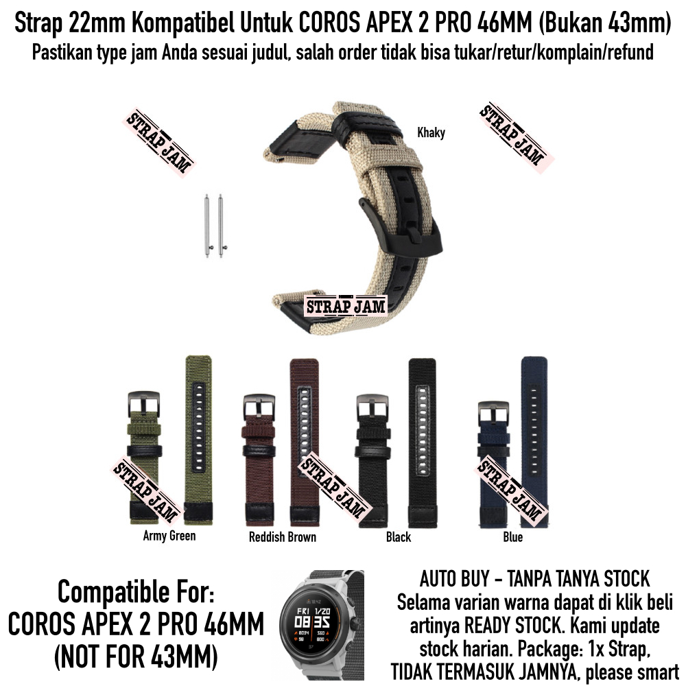 Tali Jam Tangan Kompatibel Coros Apex 2 Pro 46mm - Strap 22mm Woven Quick Release