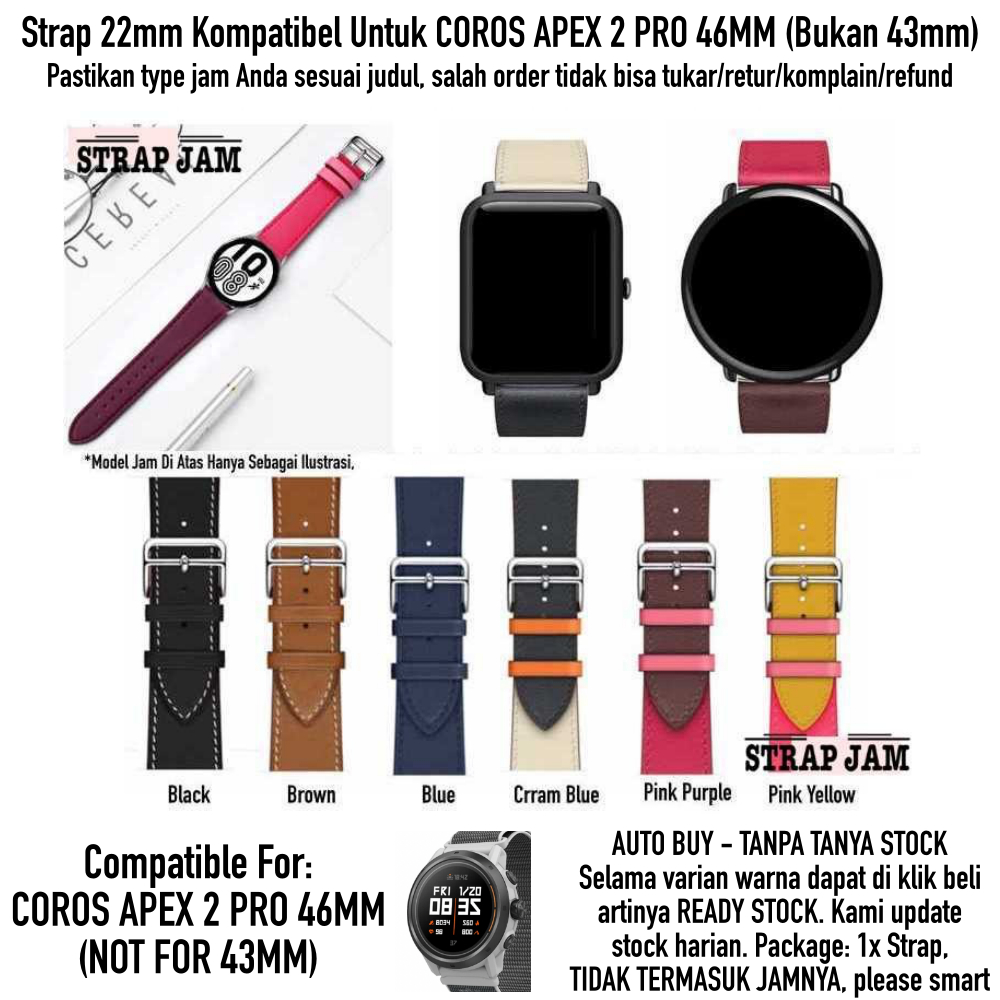 Fashion Leather Strap Coros Apex 2 Pro 46mm - Strap 22mm Kulit Stylish Quick Release