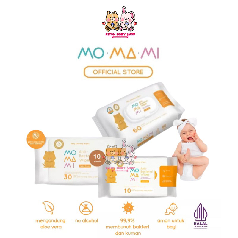 Momami anti bacterial wipes 10 lbr / 30 lbr / 60 lbr tisu basah bayi