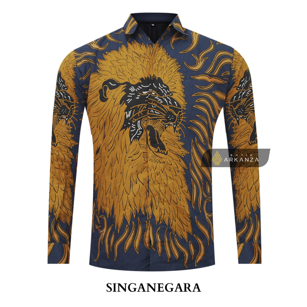 BATIK ARKANZA Motif SINGANEGARA Hem Atasan Kemeja Baju Batik Pria Cowok Laki Laki Slimfit Full Lapis Furing Lengan Panjang