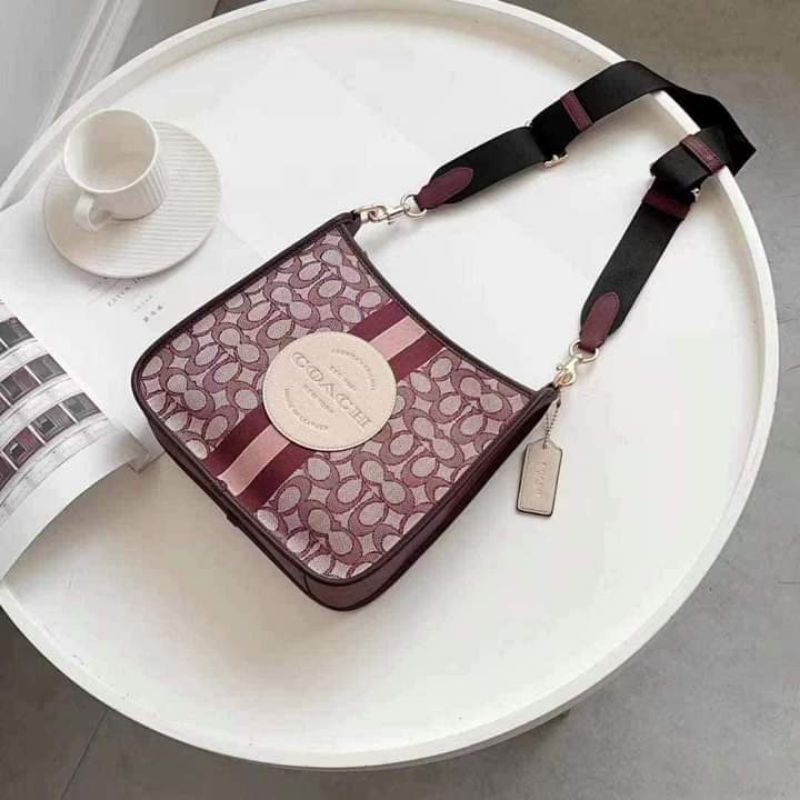 tas branded coach Dempsey File Bag Strap Signature Wine Multi