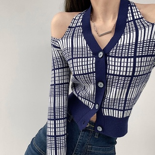 [Premium] Korean Style Double Sided Jacquard Off The Shoulder Plaid V-neck T-shirts 7495