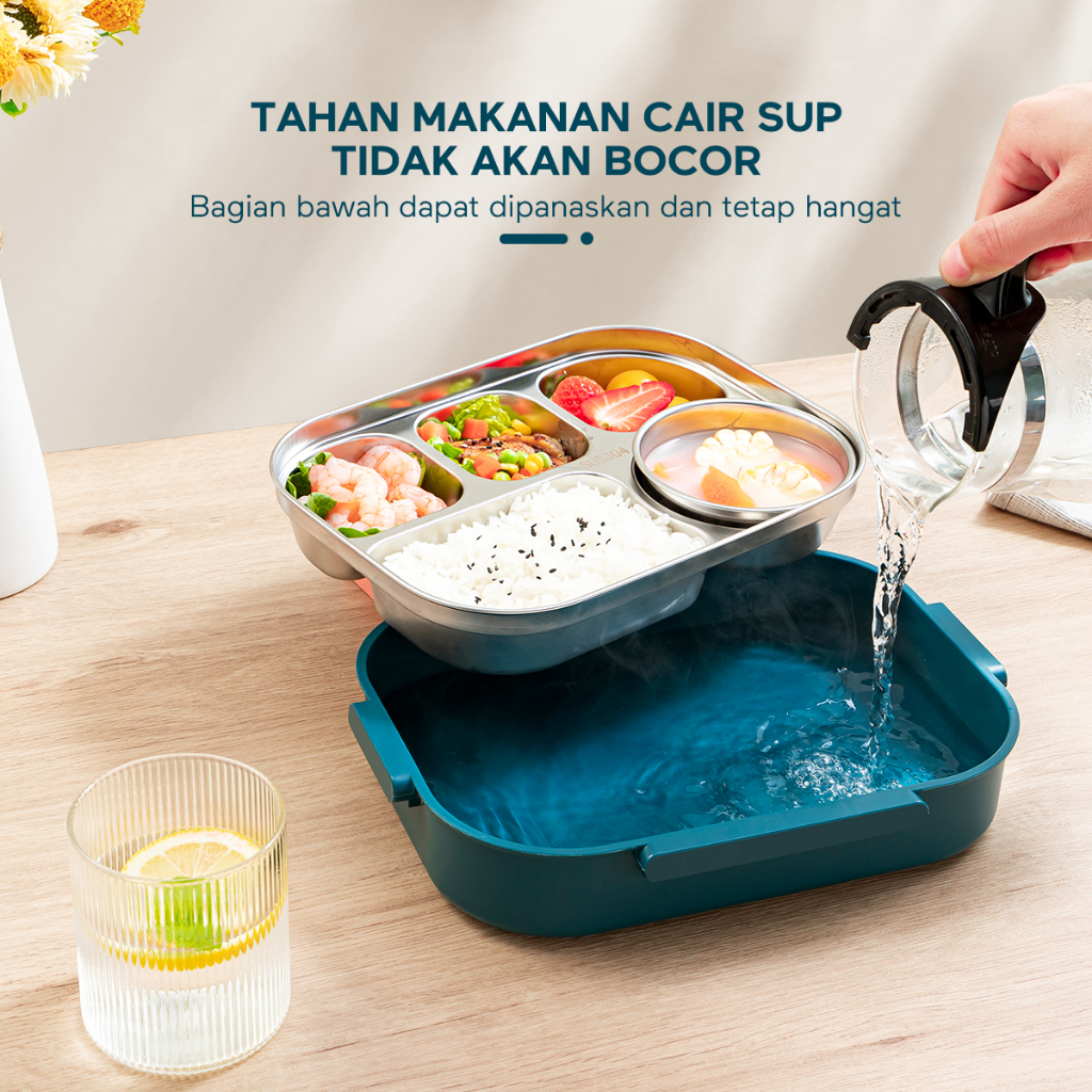 ecentio Kotak bekal makan stainless  5 sekat + tempat sup Lunch Box  termal anti tumpah tempat makan Tahan Panas 1000ml  with Sendok