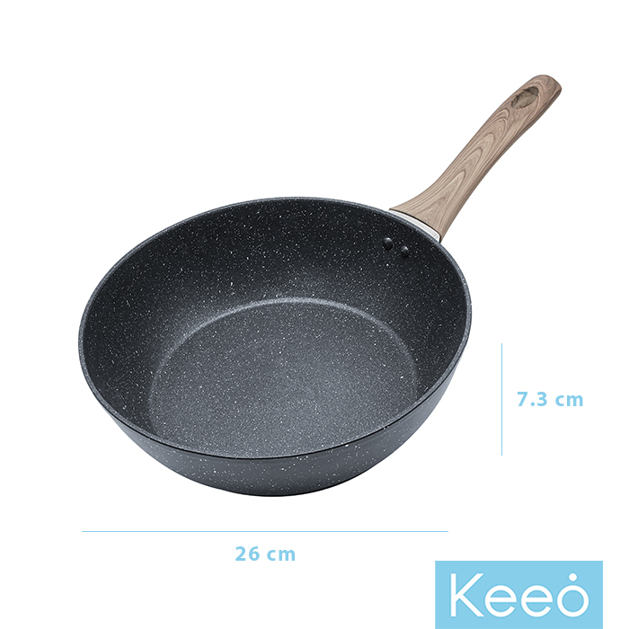 Keeo 26 cm Wajan Wok Penggorengan Anti Lengket Marble Granit Hitam
