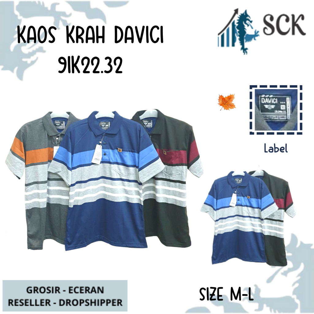 Kaos Kerah Pria DAVICI 2232 2218 2204 2238 Motif Salur Kombinasi Halus ukuran Standar / Baju Cowok Size M-L - sckmenwear GROSIR