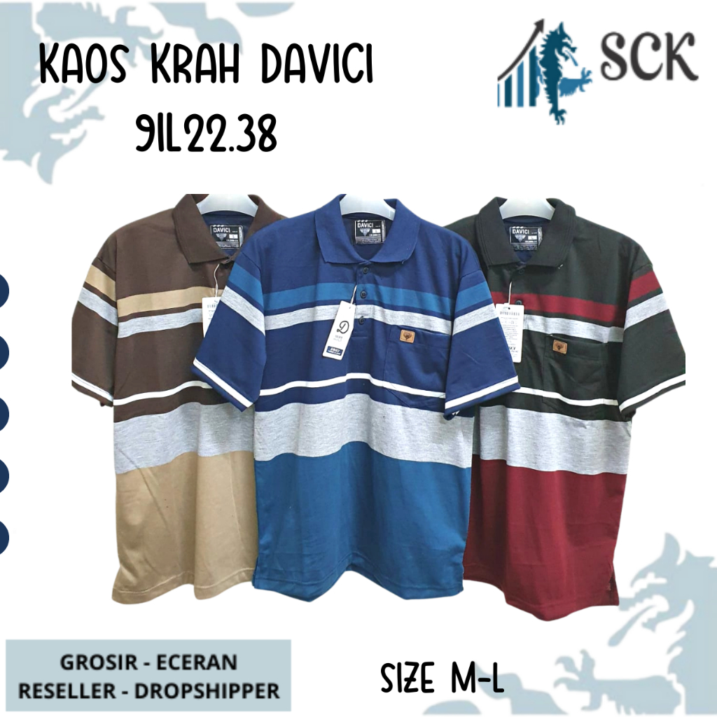 Kaos Kerah Pria DAVICI 2232 2218 2204 2238 Motif Salur Kombinasi Halus ukuran Standar / Baju Cowok Size M-L - sckmenwear GROSIR