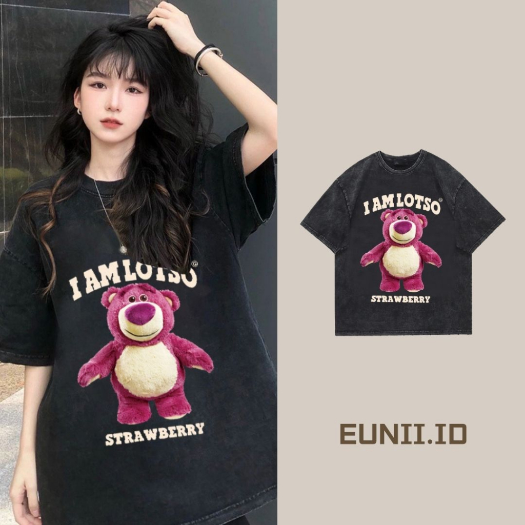 EUNII T-shirt Lengan Pendek Black Washed Cute Strawberry Bear Printing Korean Style/Kaos Atasan Wanita/Baju Wanita