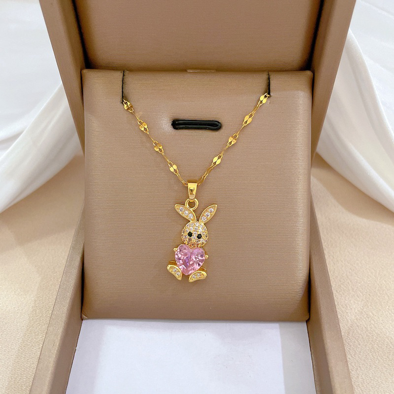 kalung kelinci hati pink titanium cantik