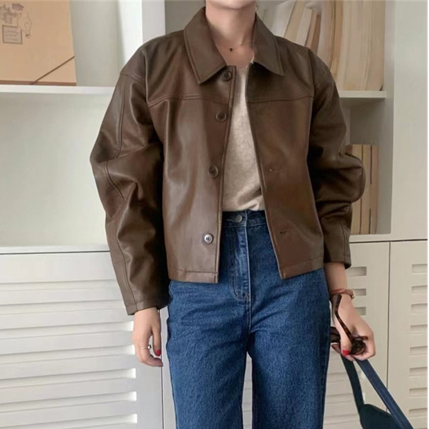 Jaket Kulit Wanita Crop Korean Style Oversize Lengan Panjang Kekinian Premium Vintage Leather Jacket Outer