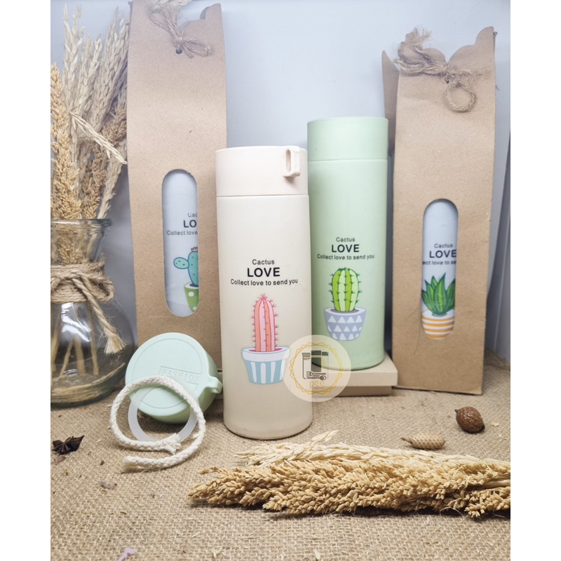 Botol Minum Kaca Kaktus + Box Craft Souvenir Nikah Promosi Grosir Termurah