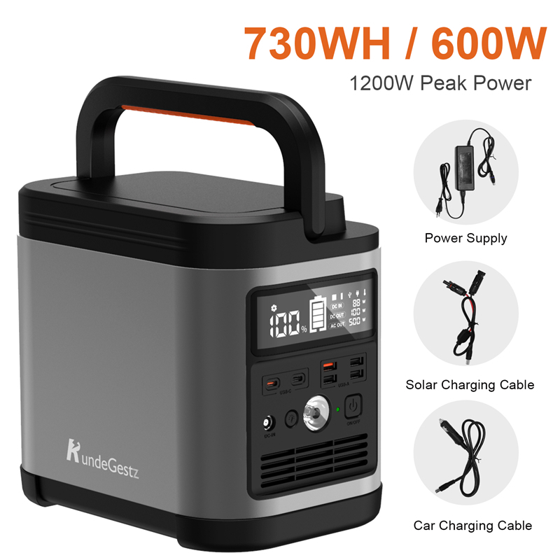 RundeGestz 1200W Peak Pembangkit Listrik 600W 703Wh/200000mAh Pembangkit Listrik Tenaga Surya Portabel Genset Senyap Genset Pengisian Cepat Bank Daya dengan stopkontak AC untuk Catu Daya Darurat Rumah / Mobil / Berkemah