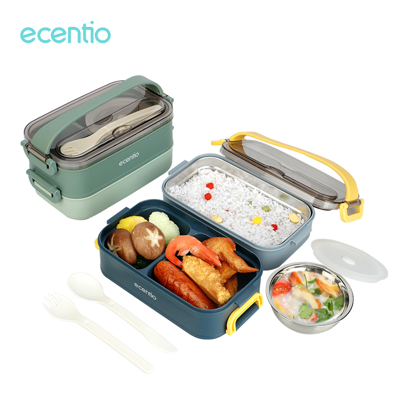 ecentio lunch box 2 susun stainless 304  anti tumpah tempat makan kotak 1200ml+180ml  with Mangkuk sup free sendok
