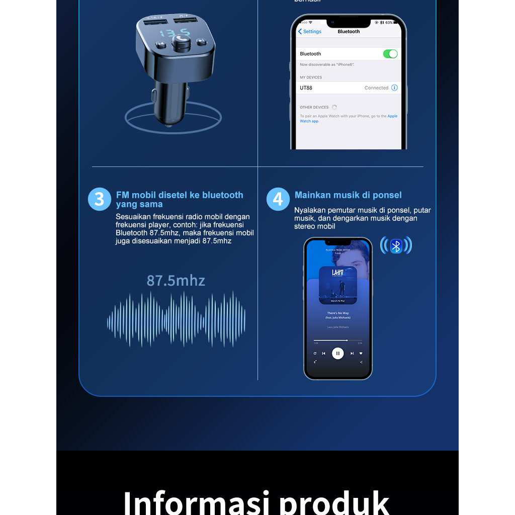 Kivee Car Charger Mobil Fast Charging Kv-Ut88 Dual Usb Bluetooth Transmitter Aksesoris Mobil Pasti
