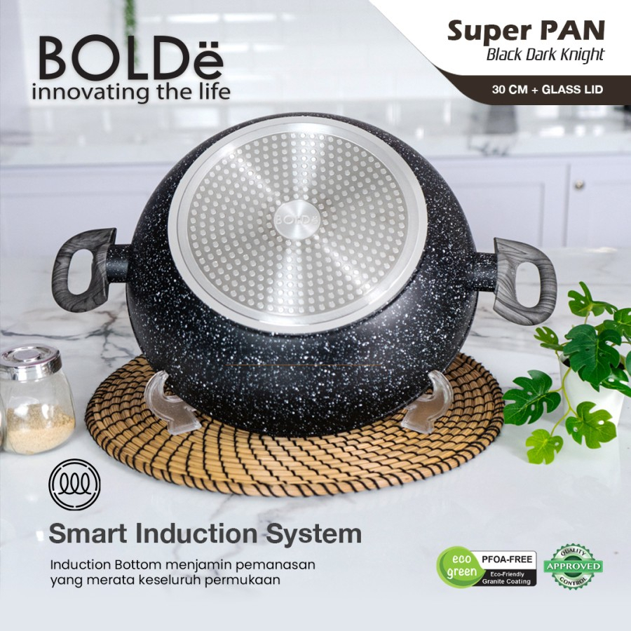 BOLDe SUPER PAN 2 EAR WOK ( WAJAN ) 30 CM + Lid TUTUP KACA BLACK DARK KNIGHT - GRANITE SERIES PENGGORENGAN 30CM