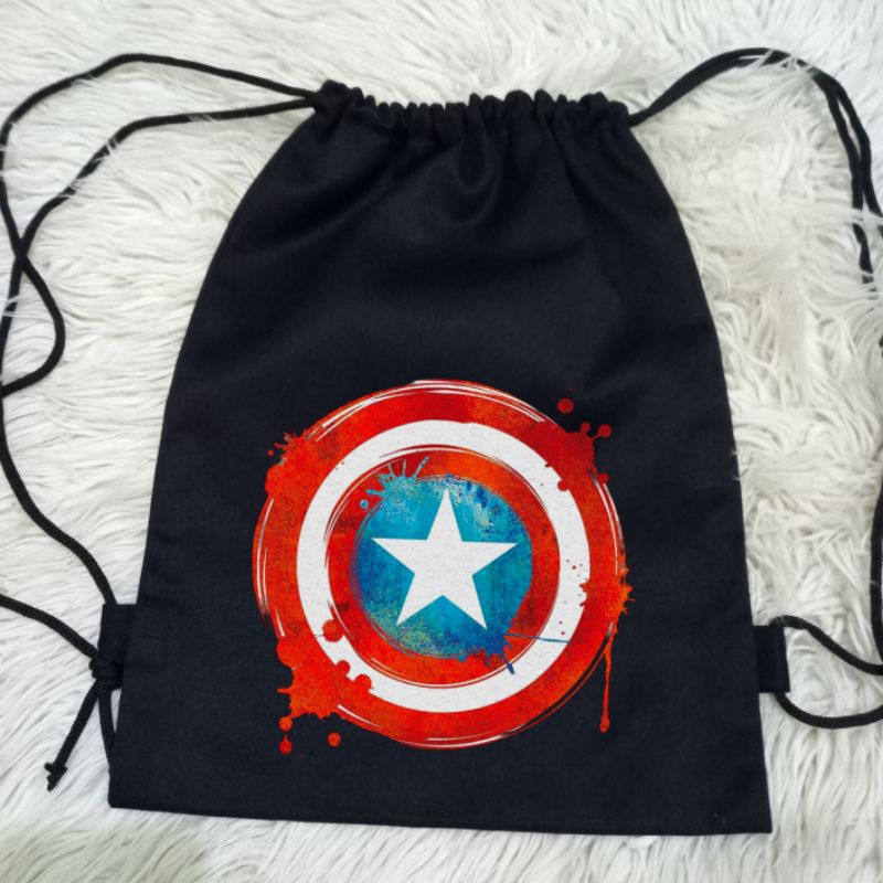 Tas Serut Hitam Kanvas Premium Captain America / String Bag Motif 100% Kanvas Premium / Tas Sekolah 