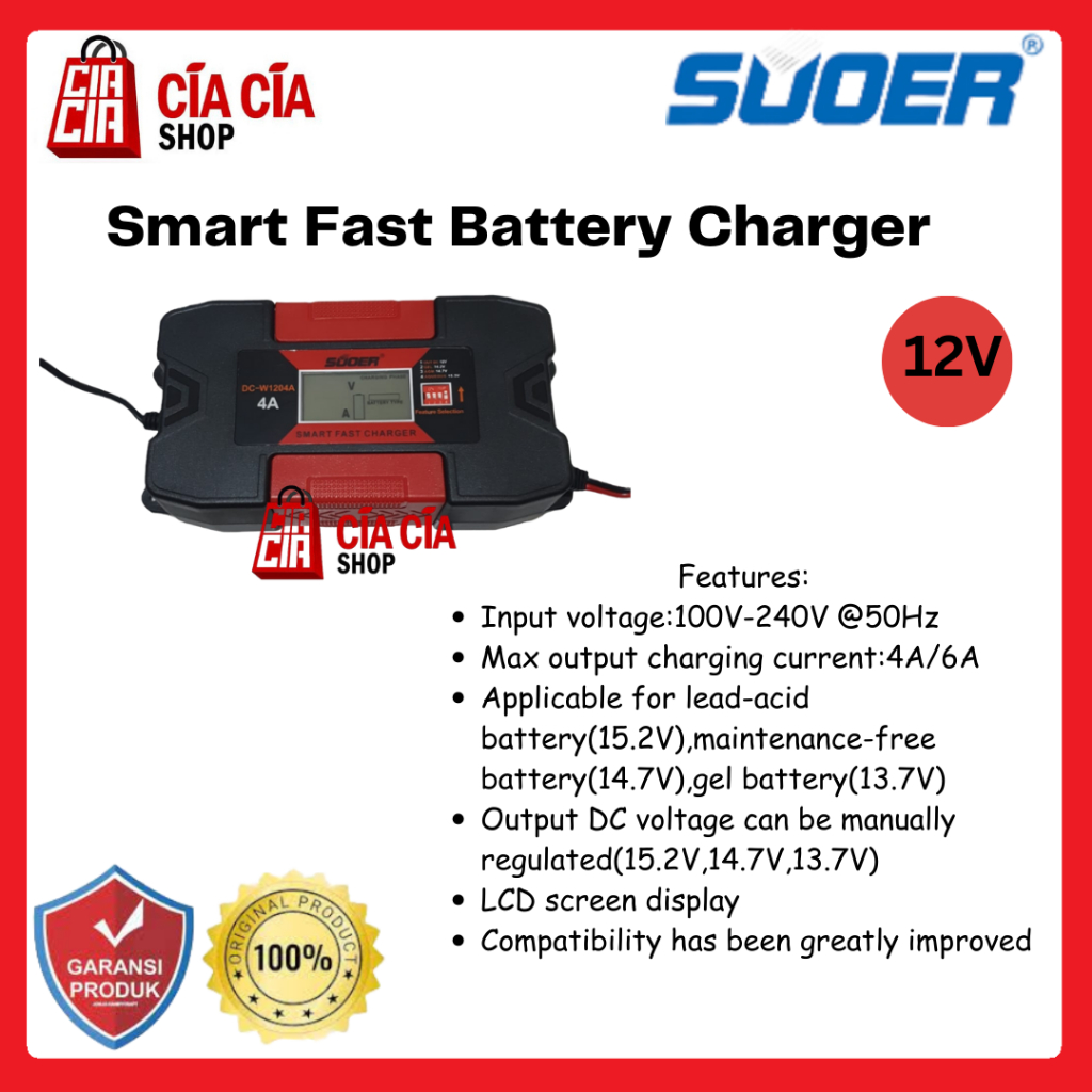 Suoer DC-W1204 Portable Smart Fast Car Battery Charger 12V 4A Digital Charger Aki Motor Sepeda Mobil 12V