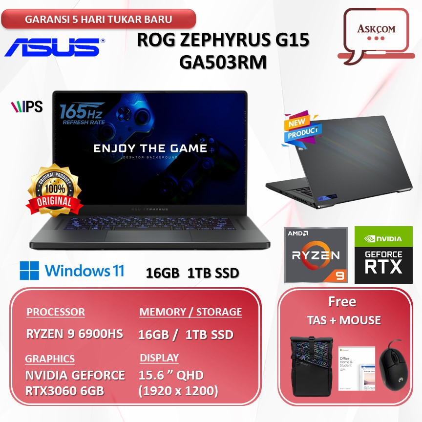 Laptop Gaming Asus Rog Zephyrus G15 GA503RM R936G6G-O RTX3060 6GB RYZEN 9 6900HS 16GB 1TBSSD  W11 OHS2021 15.6QHD 165HZ