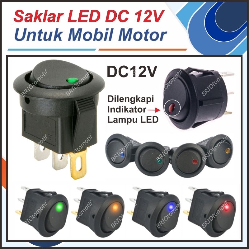 SAKLAR DC 12V 12 VOLT SWITCH ON OFF ON HITAM  BULAT 2 PIN TANAM DILENGKAPI LAMPU INDIKATOR LED MOBIL