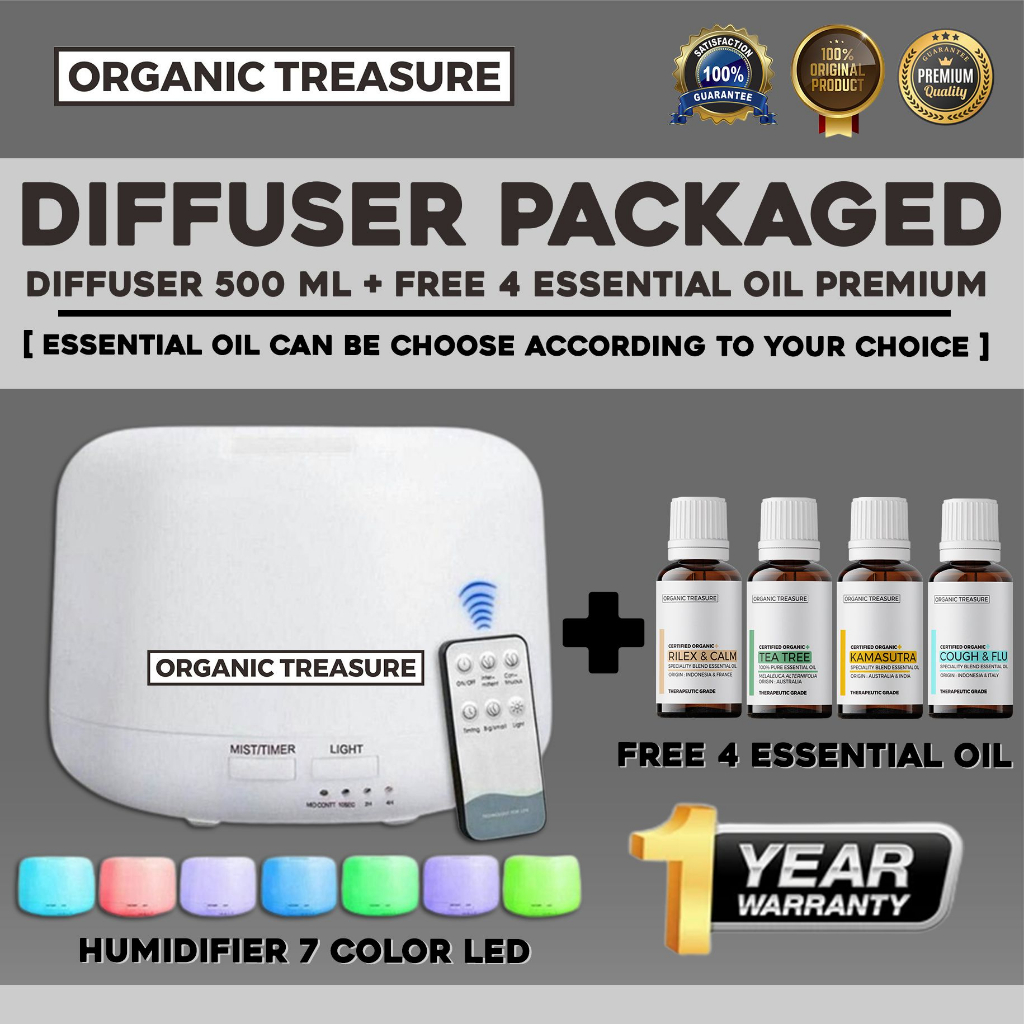 DIFFUSER AROMATHERAPY 500ML + FREE 4 ESSENTIAL OIL BY : ORGANIC TREASURE [ 1 YEAR GUARANTEE ] (Best Seller Diffuser Humidifier)