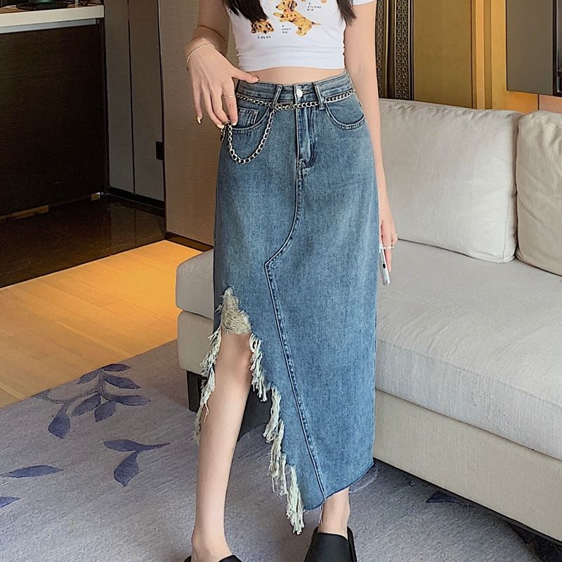 Rok Denim Wanita Model A Panjang Sedang Terbaru Dengan Pinggang Tinggi Dan Hem Tidak Rata