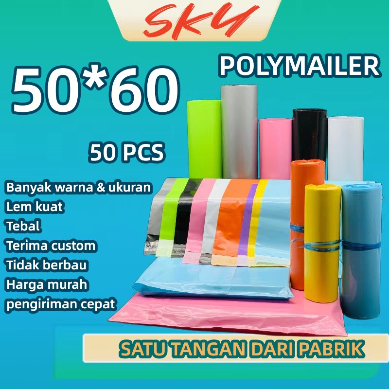 Polymailer Olshop / plastik packing baju LDPE 50×60cm Isi 50pcs Lem Kuat Grosir custom packing tebal