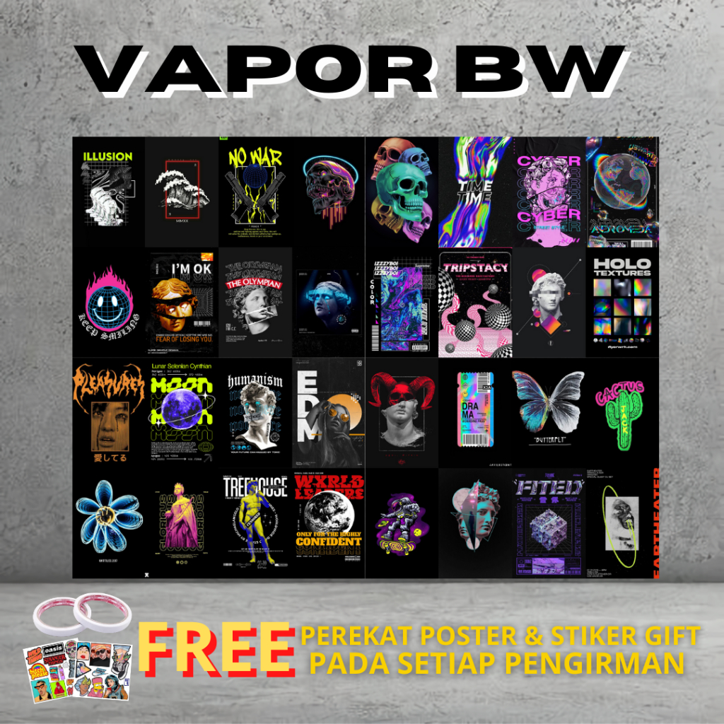 Poster Dinding Aesthetic Vapor Bw 1 Set 48pcs