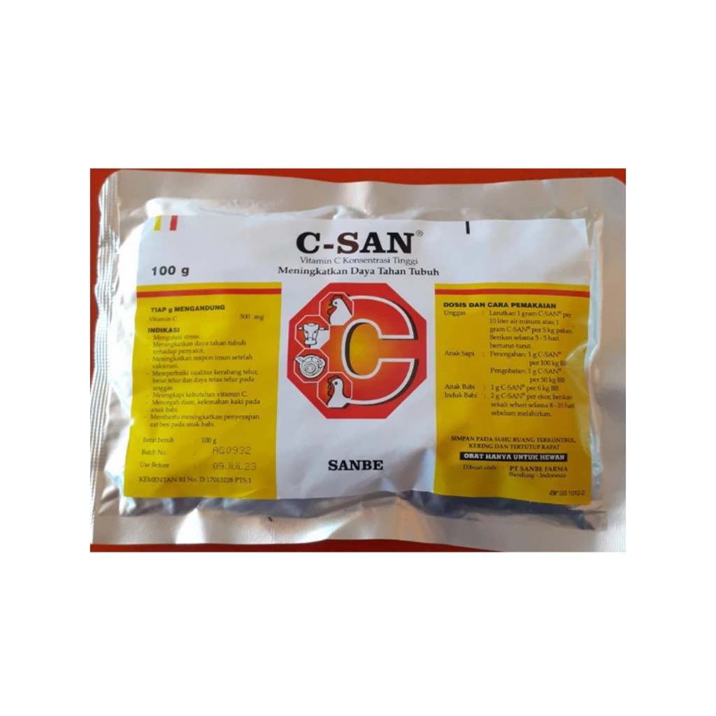 C-San PT SANBE FARMA - Vitamin C dosis tinggi untuk ayam ternak 100 gram, VITAMIN UNTUK SUHU PANAS, 