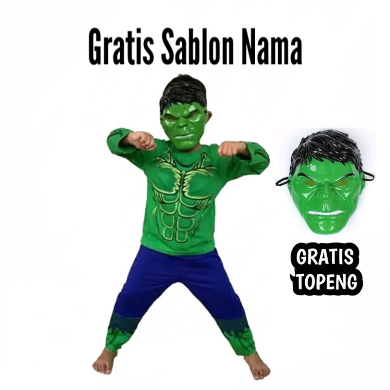BAJU HULK DAN TOPENG GRATIS NAMA/KOSTUM HULK/KOSTUM SUPERHERO/KOSTUM AVENGER GRATIS NAMA