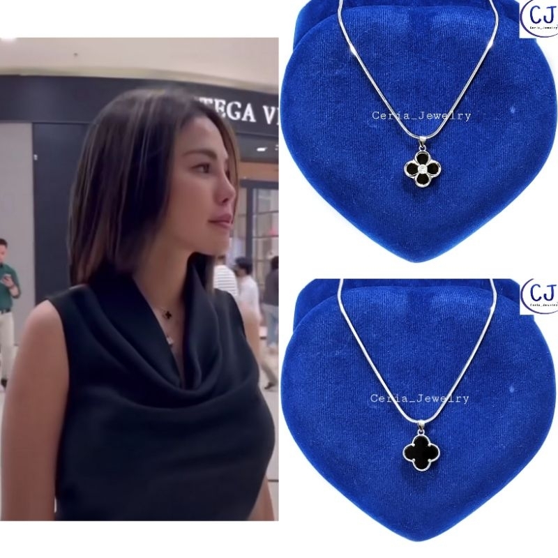 Kalung Perak Asli 925 Lapis Emas Putih Model Liontin Van Cleef / Clover Depan Belakang - Kalung Anti Karat