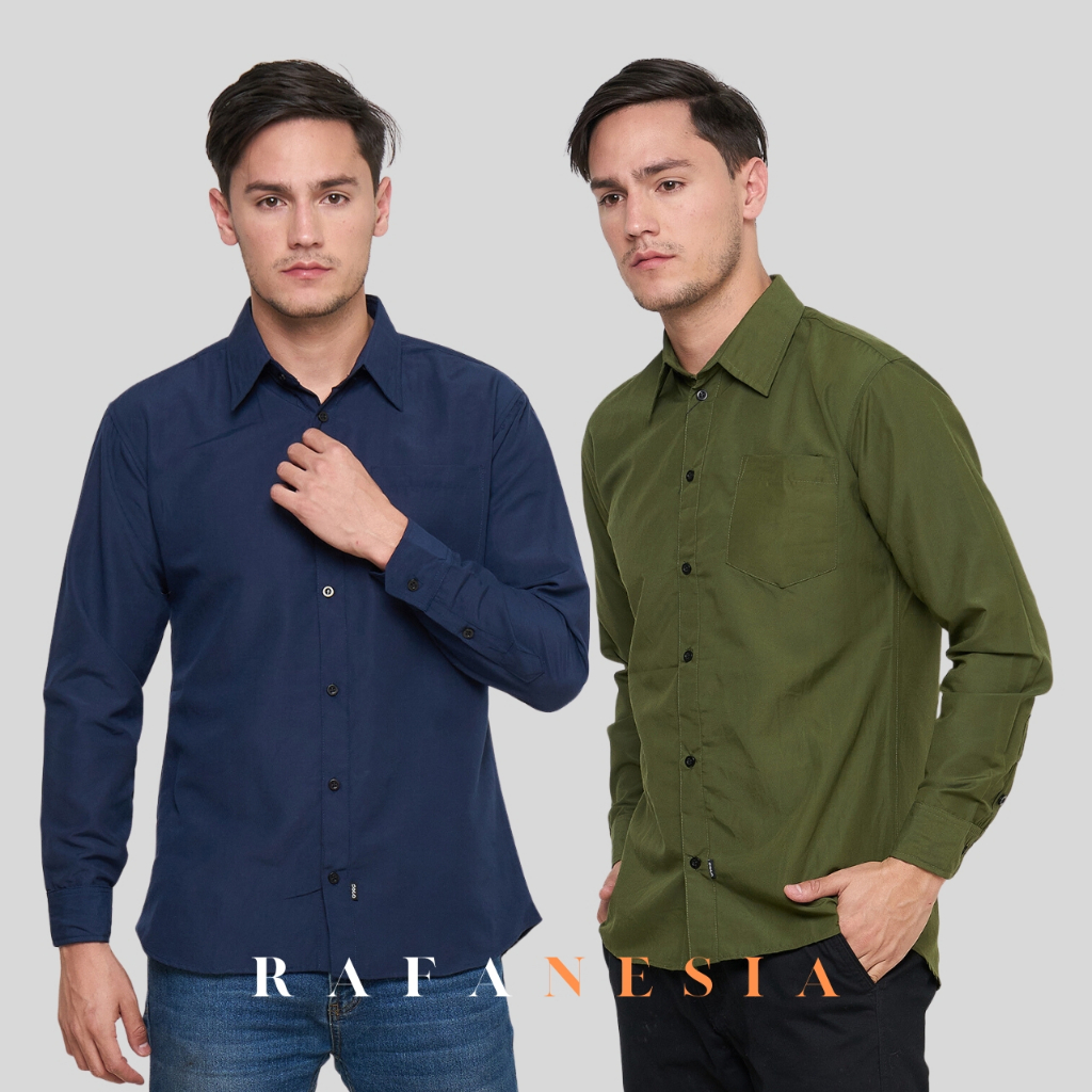 Kemeja Cowok polos lengan panjang slimfit hem pria kantor hitam navy putih army