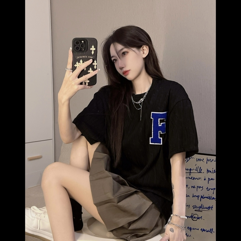 XIAOZHAINV Kaos Atasan Wanita Korean Style Letter F Lengan Pendek