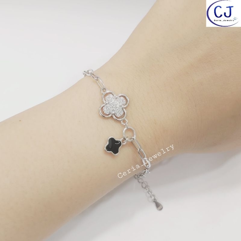 Gelang Tangan Wanita Perak Asli Silver 925 Lapis Emas Putih Model Rantai Paperclip Variasi Van Cleef kombinasi Permata - Perhiasan Perak Asli