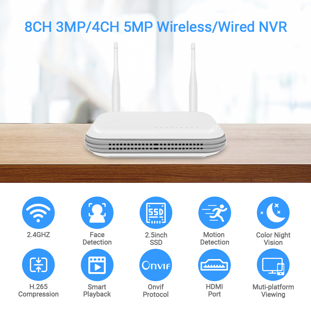 Hamrol Wireless NVR 8CH 3MP 4CH 5MP CCTV WiFi NVR H.265X Network Security Video Recorder Support Face Detection Email Alart For IP Camera Xmeye