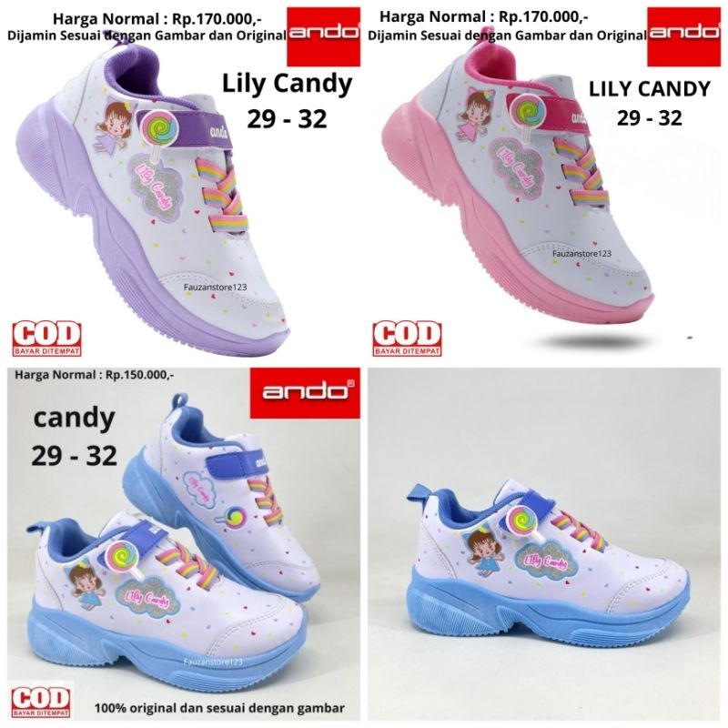 SEPATU ANAK PEREMPUAN ANDO LILY CANDY PEREKAT PUTIH SEKOLAH PAUD TK SD KARAKTER ORIGINAL