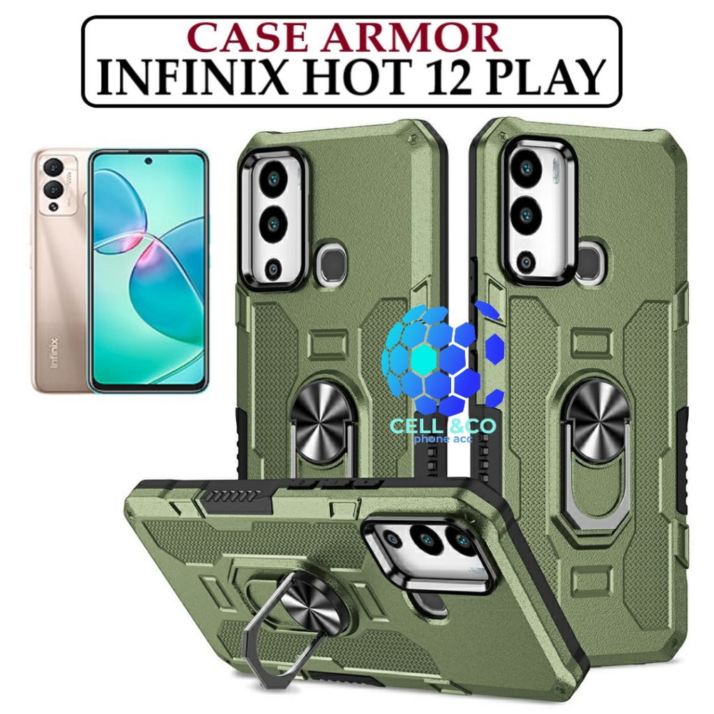 Case Armor INFINIX HOT 12 PLAY Iring Cincin Magnetic Kesing Hp Protect kamera Premium Hard Case Standing Robot Pelindung Kamera