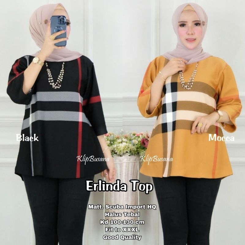 Baju Atasan Wanita Blouse Scuba Jumbo Premium Motif Kotak Baju Wanita Bigsize Oversize - Erlinda Top