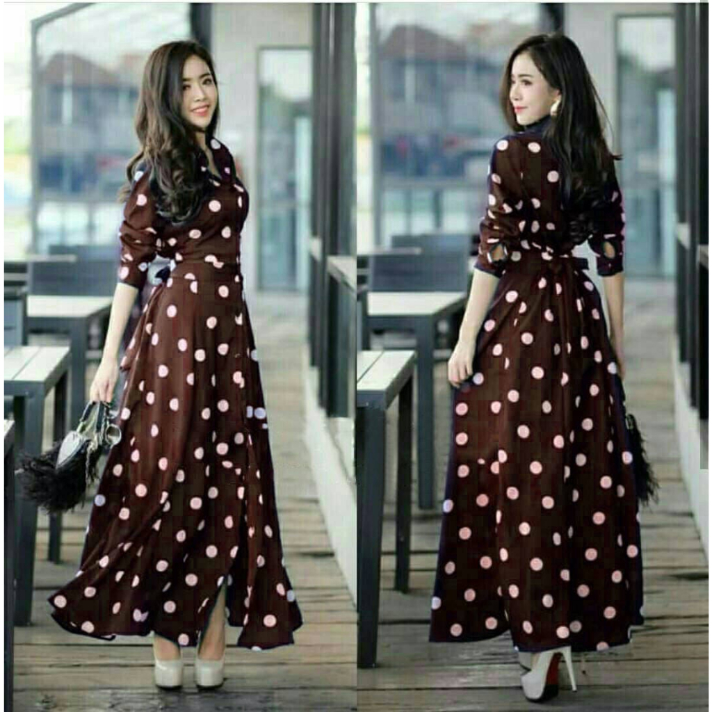 7G19 Gamis  polka dress kondangan  Katun rayon , fit to XL, LD 100, pjg 130 , lengan pjg