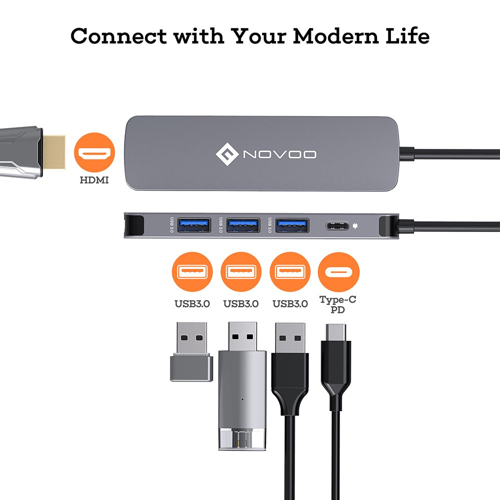 Novoo 5-in-1 Usb C Hub Type C To Hdmi-compatible Hub 3 Usb 3.0 Splitter Pd100w Fast Charging For Mac