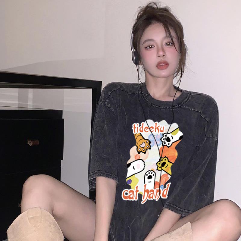 Print Washed T-shirt Kaos Lengan Pendek Oversize Cartoon Cat Paw Korean Style Atasan Wanita