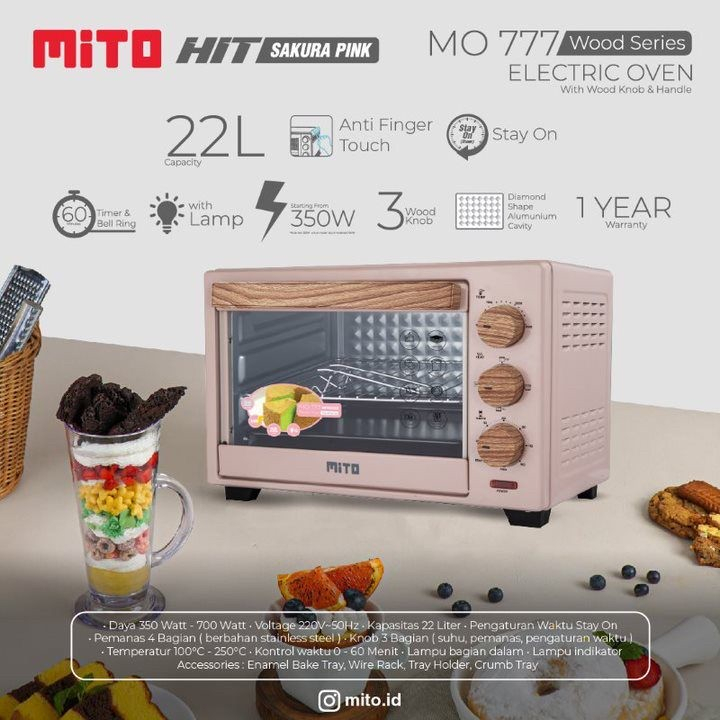 Mito Oven HIT MO-777 (22 L) / MO777 WOOD HANDLE 22 Liter Oven Listrik Low Watt ORIGINAL Watt Rendah