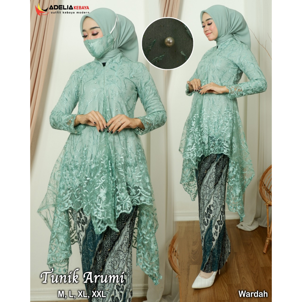 ( COD ) Setelan kebaya tunik arumi tulle - outfit kekinian - kebaya modern - motif elegan - bahan tulle bordir mutiara - pakaian pesta keluarga, wisuda, baju akad ataupun nikahan