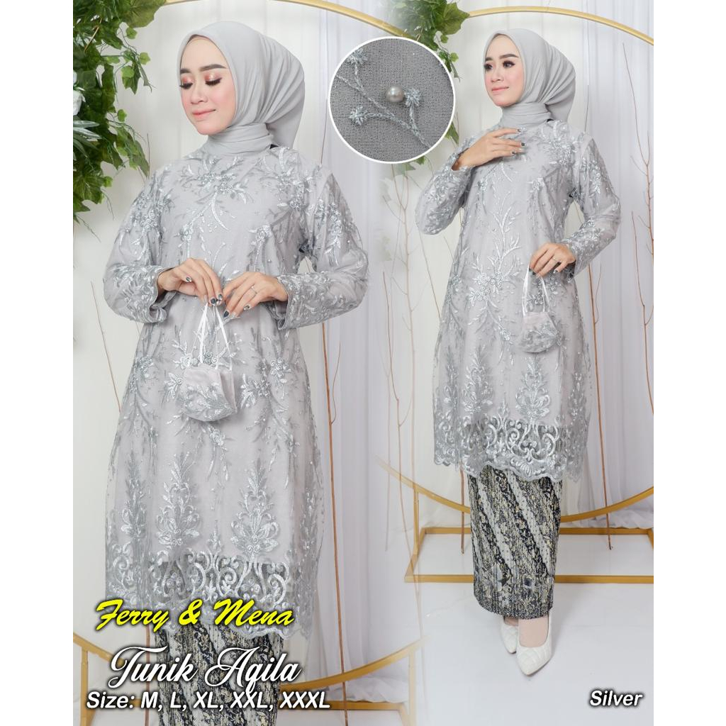 ADE&gt; SET KEBAYA TUNIK AQILA - TUNIK KEBAYA JUMBO MODERN - BAJU KEBAYA TULLE - OUTFIT KEBAYA PESTA CANTIK - KEBAYA BIG SIZE