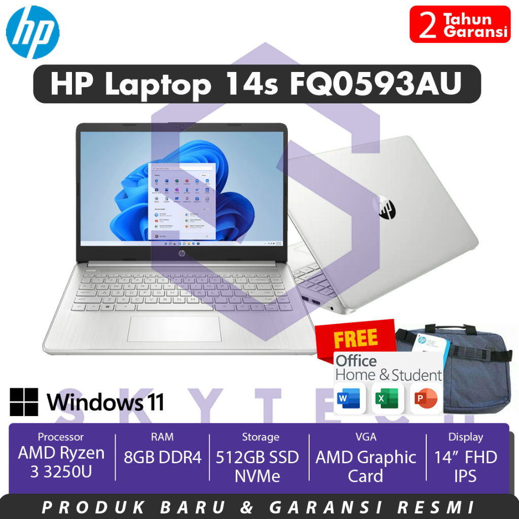 LAPTOP HP 14s FQ0593AU AMD RYZEN 3 3250U RAM 8GB SSD 512GB FREE WINDOWS 11 OFFICE HOME STUDENTS 2021