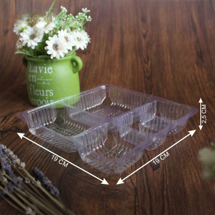 (25 Pcs) Mika Tray Bento Sekat 5 Box Bento Putih Transparant Kotak Lunch Box Ukuran 19x19x2.5 cm