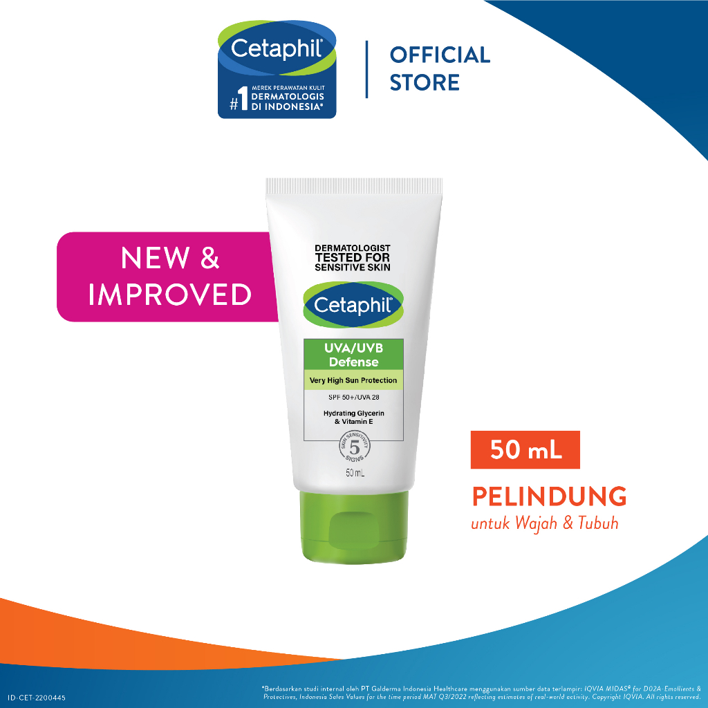 Cetaphil UVA/UVB Defense SPF 50+ 50ml Sunscreen Sunblock dengan Mexoryl Pelembap dan Pelindung Sinar UV untuk Semua Jenis Kulit