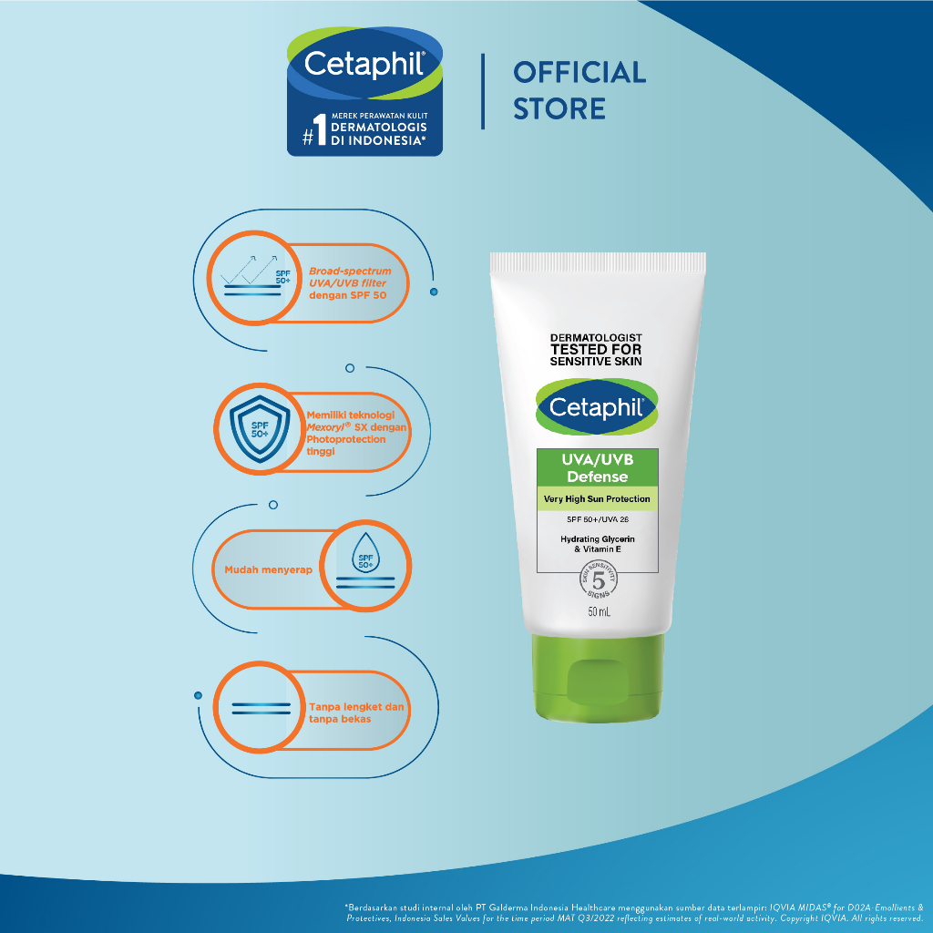 Cetaphil UVA/UVB Defense SPF 50+ 50ml Sunscreen Sunblock dengan Mexoryl Pelembap dan Pelindung Sinar UV untuk Semua Jenis Kulit