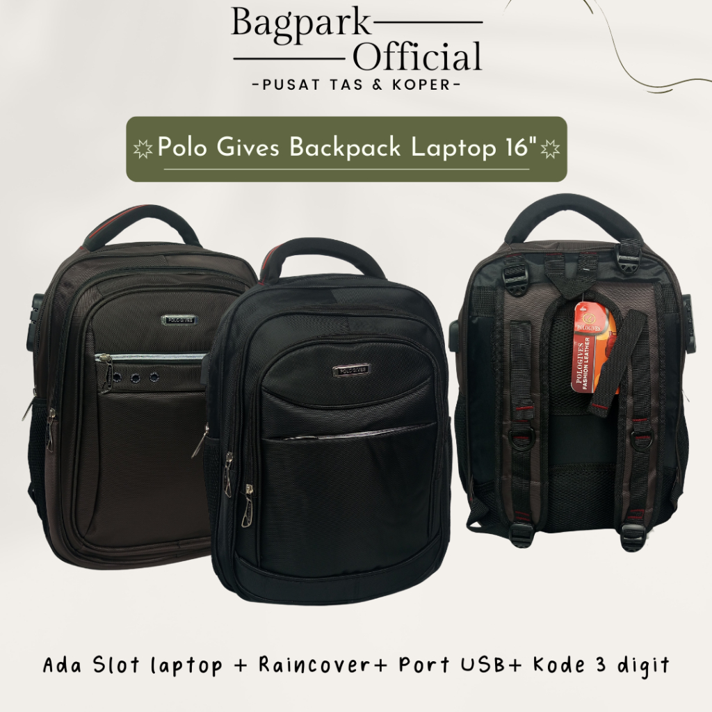 Tas Ransel Pria Polo Gives 16 Inch Tas Anak Sekolah Laki Laki Backpack Laptop Ransel Laptop Polo Tas Kerja Usb Sport Kunci 3 digit