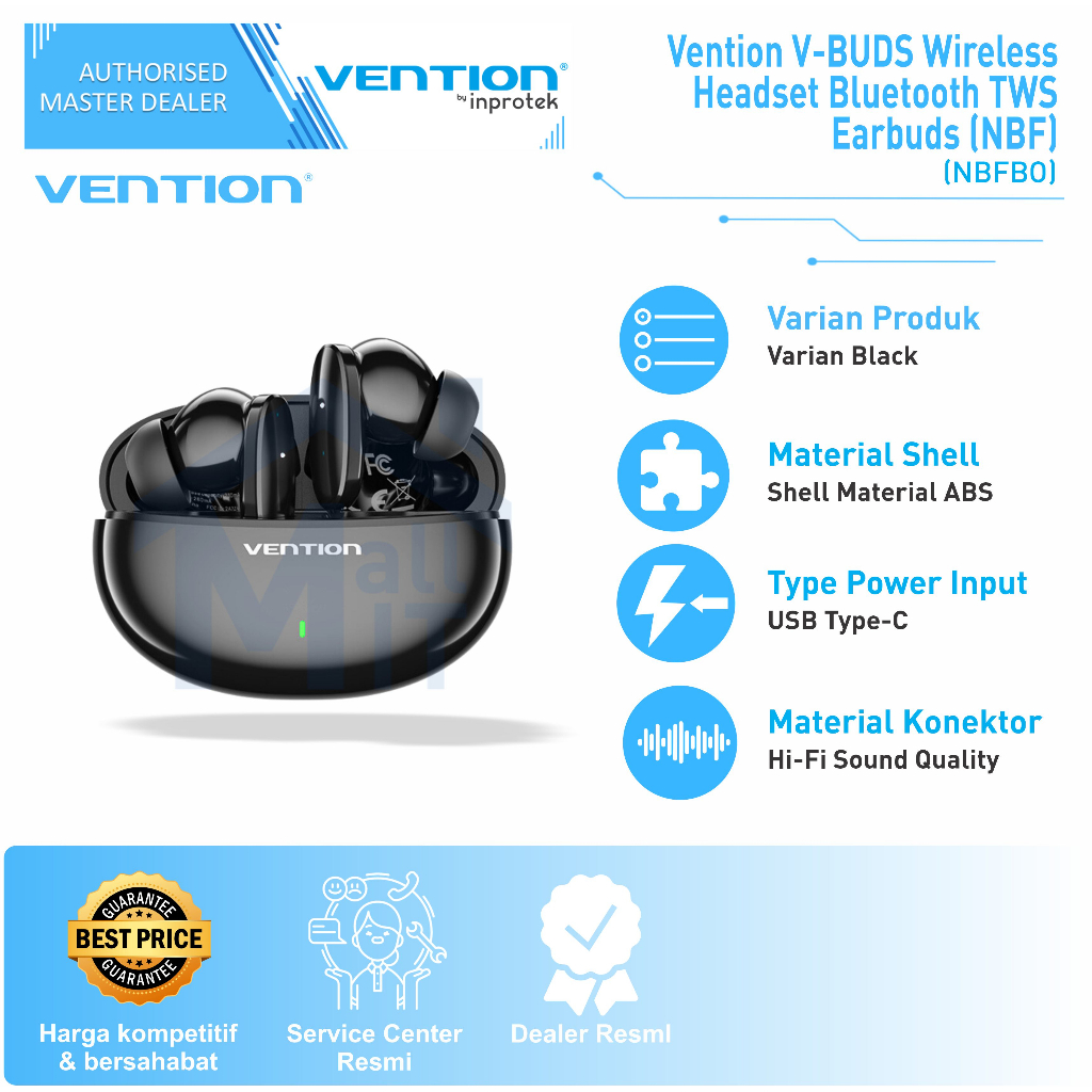 ( Bisa Cod ) Vention V-BUDS Wireless Headset Bluetooth TWS Earbuds Waterproof NBF