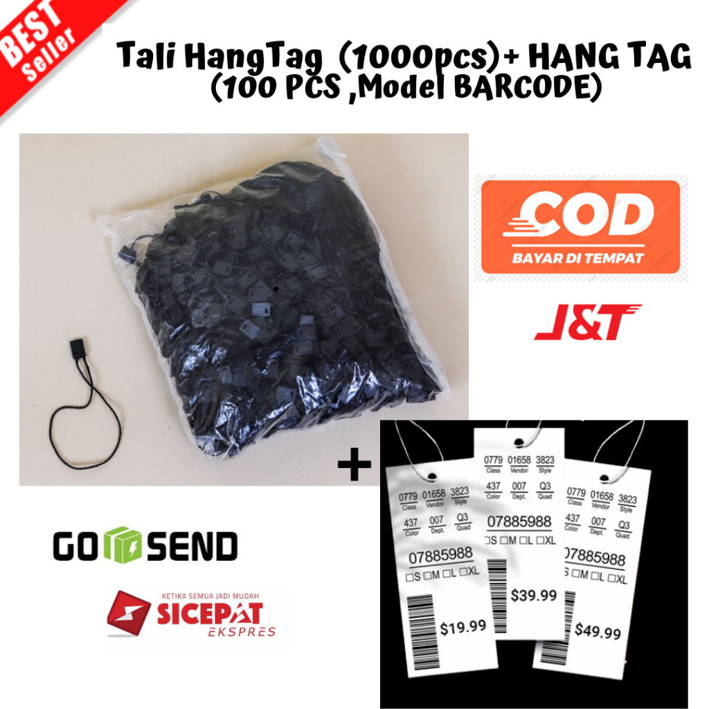 

[BAYAR DI TEMPAT] (PAKET A2) Tali HangTag ISI 1000pcs + HANG TAG ISI 100 PCS ,Model BARCODE Tali Gantungan Label Baju HANGTAG POLOSHANGTAG BAJU HANGTAG KEMASAN HANG TAG COKLAT PUTIH HITAM